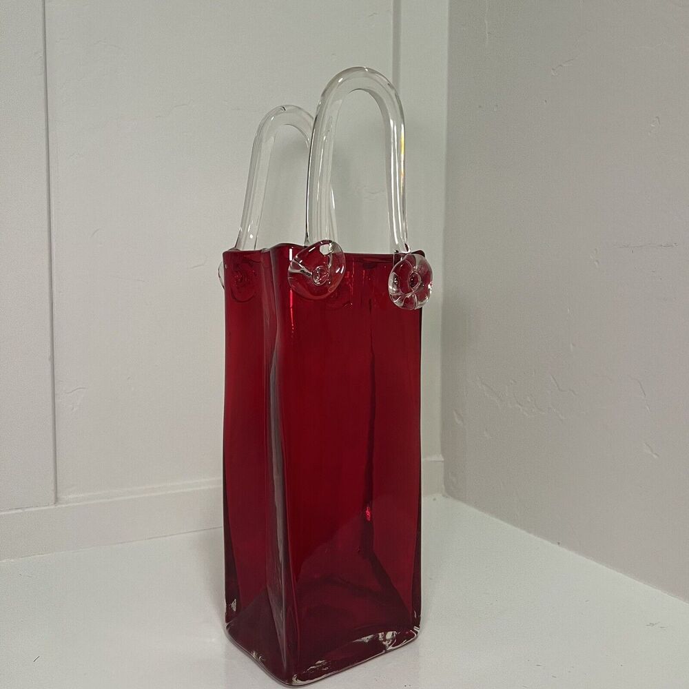 Design Gallery 9” Tall Red Glass Vase Purse Hand Bag Style Flower Vase Valentine